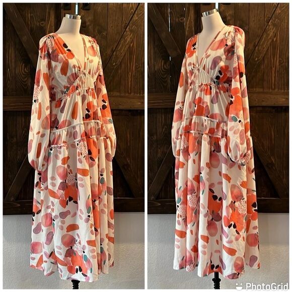 Puff Sleeve Floral Maxi Bohemian V Neck Tiered Casual Tiered Summer Maxi - Picture 8 of 16